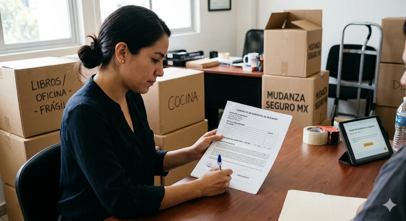 Firma de un contrato de mudanza seguro. Persona firmando un contrato de mudanza con experto.